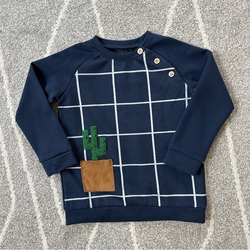 Melange Boys Navy Blue Windowpane Plaid Cactus Sweatshirt Boys Size 3